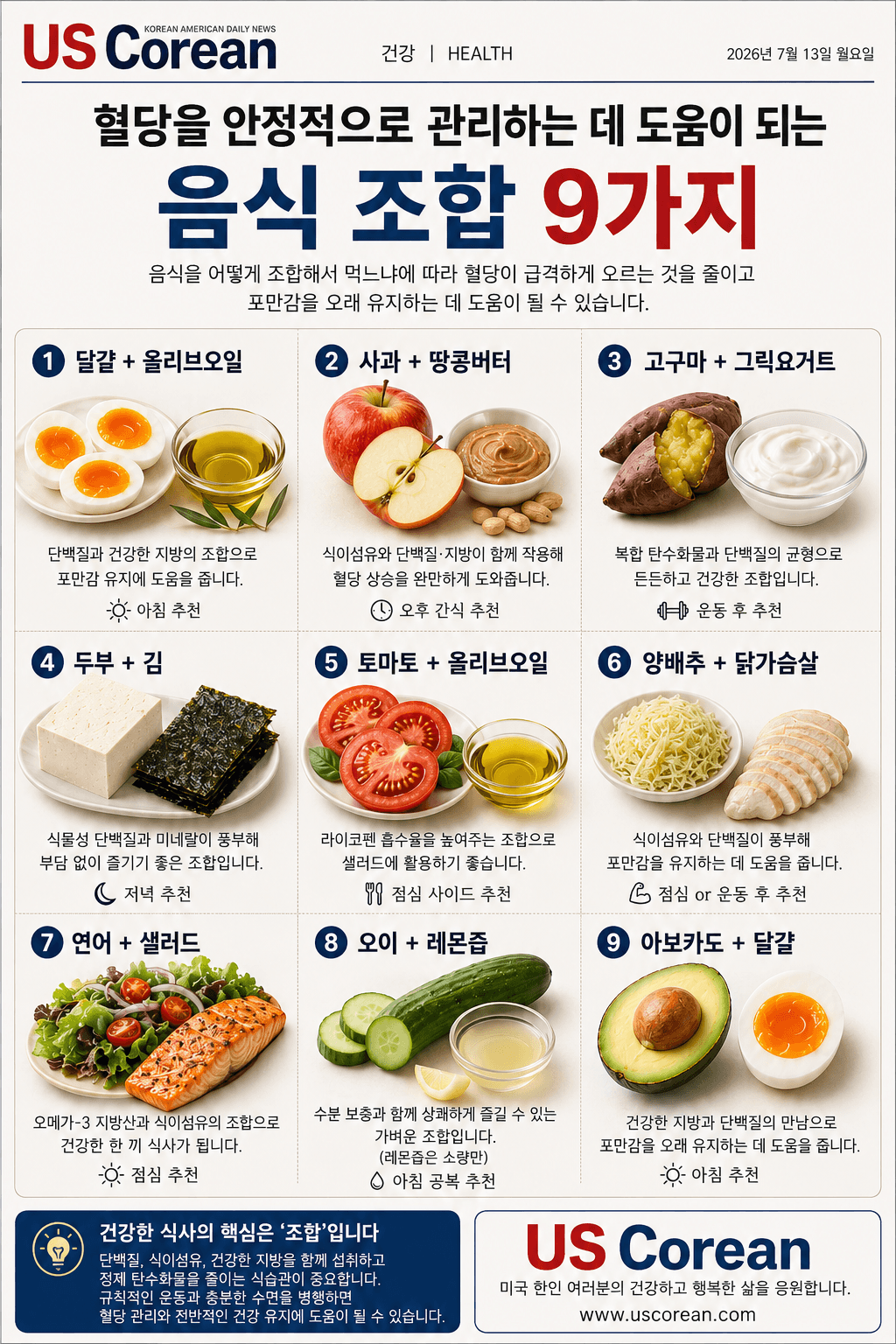 혈당을 안정적으로 관리하는 데 도움이 되는 음식 조합 9가지